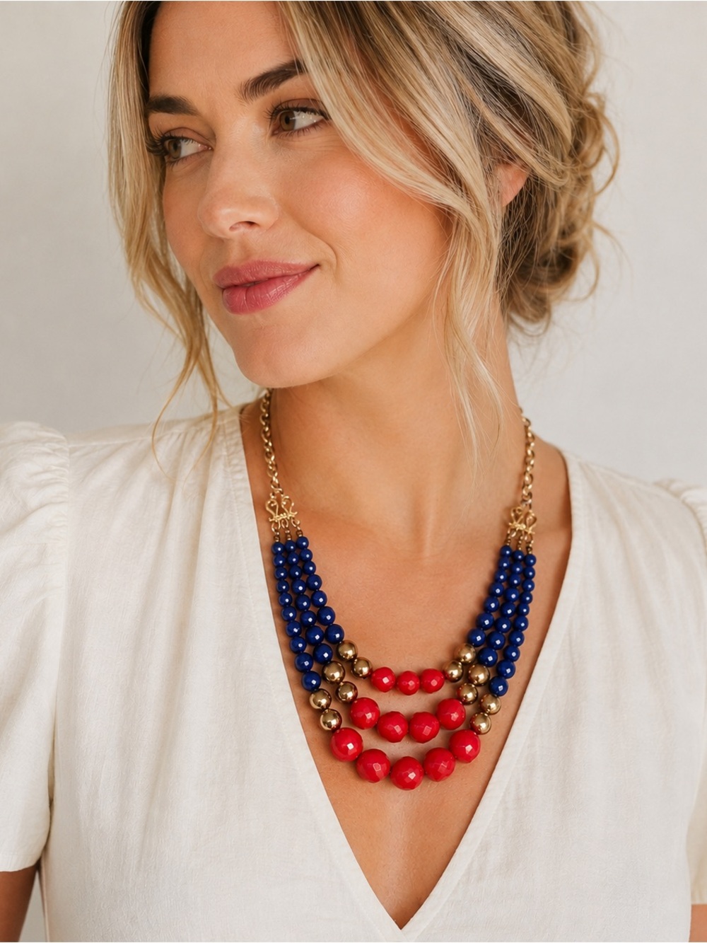 Anthropologie Bib Necklace Red Navy Gold Beaded 3 Strand Layered Statement